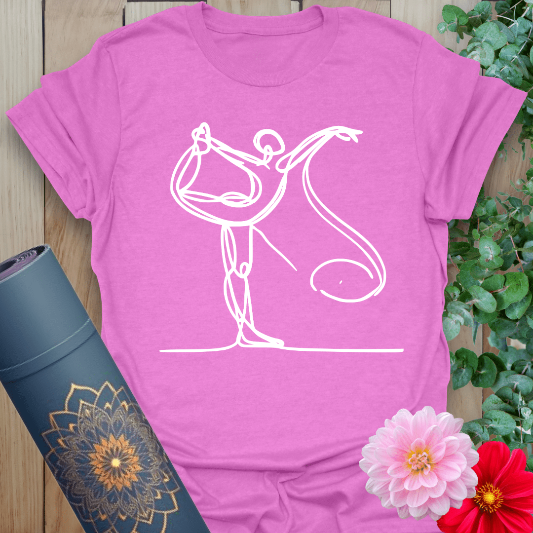 Radiant orchid-colored yoga tee featuring artistic continuous line yogi in Natarajasana for conscious, graceful movement.