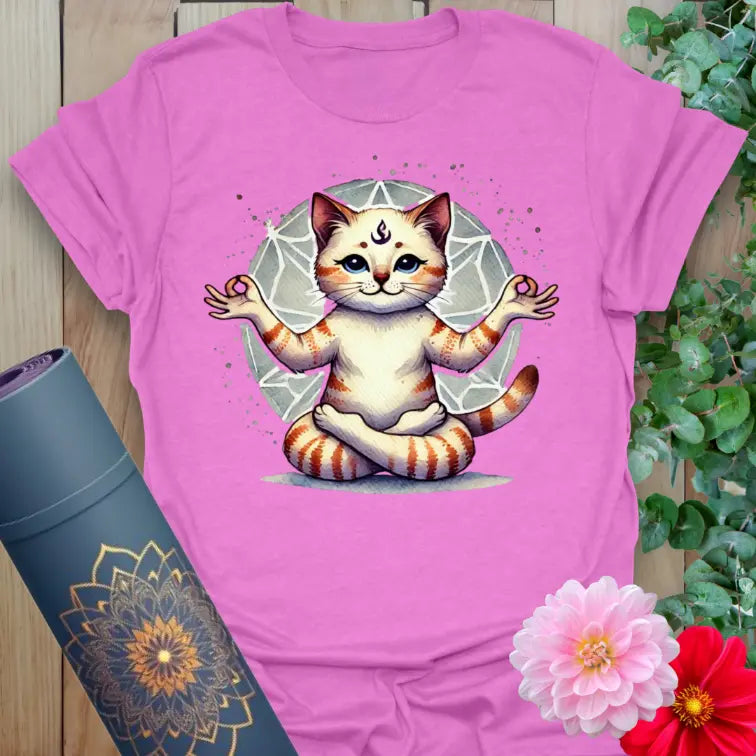 Radiant orchid-colored yoga tee featuring charming meditating cat illustration and mindful spirit vibe.