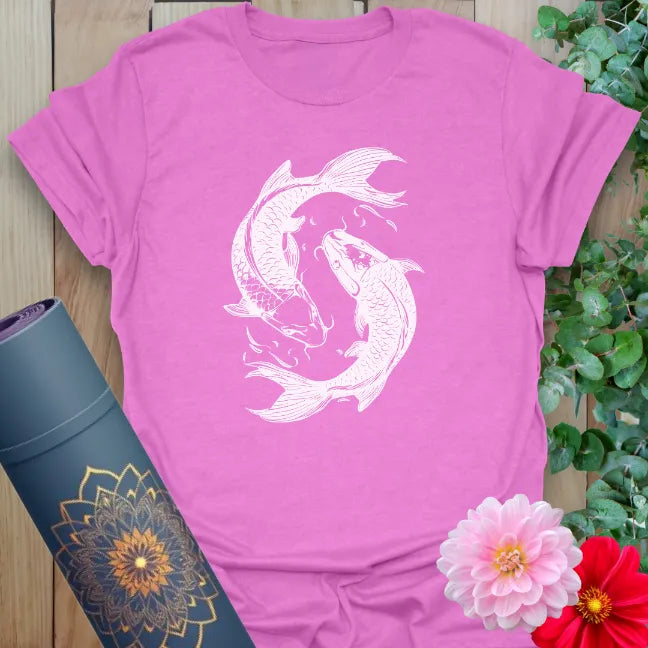 Radiant orchid-colored yoga tee featuring elegant koi fish design for balance, transformation, and mindful journeying.