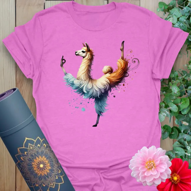 Radiant orchid-colored yoga tee featuring graceful llama yoga pose illustration for mindful humor and soulful style.