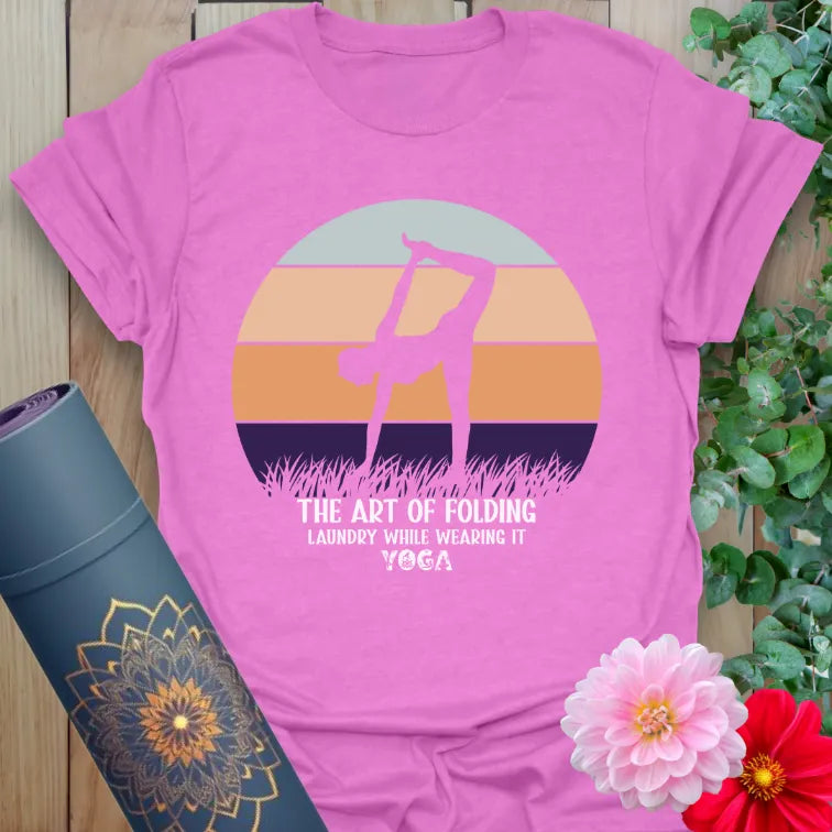 Radiant orchid-colored yoga tee featuring colorful sunset design and playful yoga humor for conscious living.