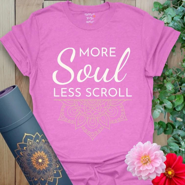 Heather Radiant Orchid Less Scroll T-Shirt with white script and pink mandala detail. Ideal for yoga lifestyle and mindful fashion.