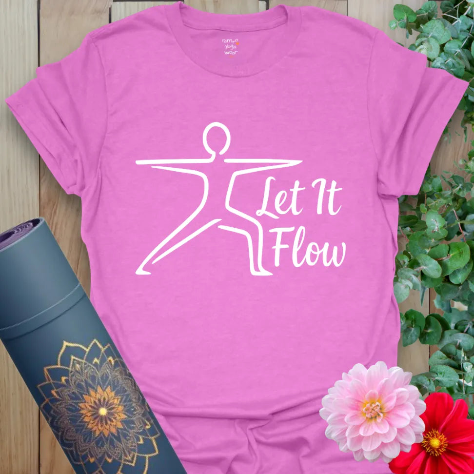 Radiant orchid-colored yoga tee featuring simple warrior pose artwork and inspirational mindful mantra.