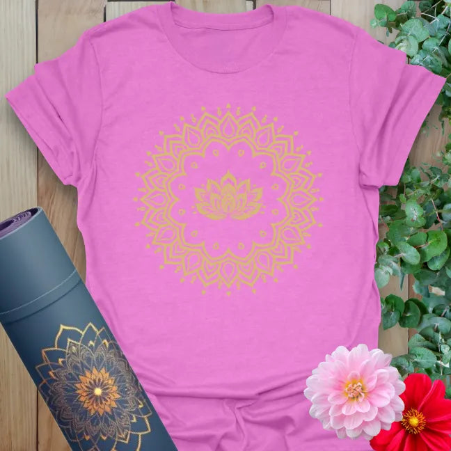 Radiant orchid-colored yoga tee featuring intricate lotus mandala design for mindful expansion and sacred flow.