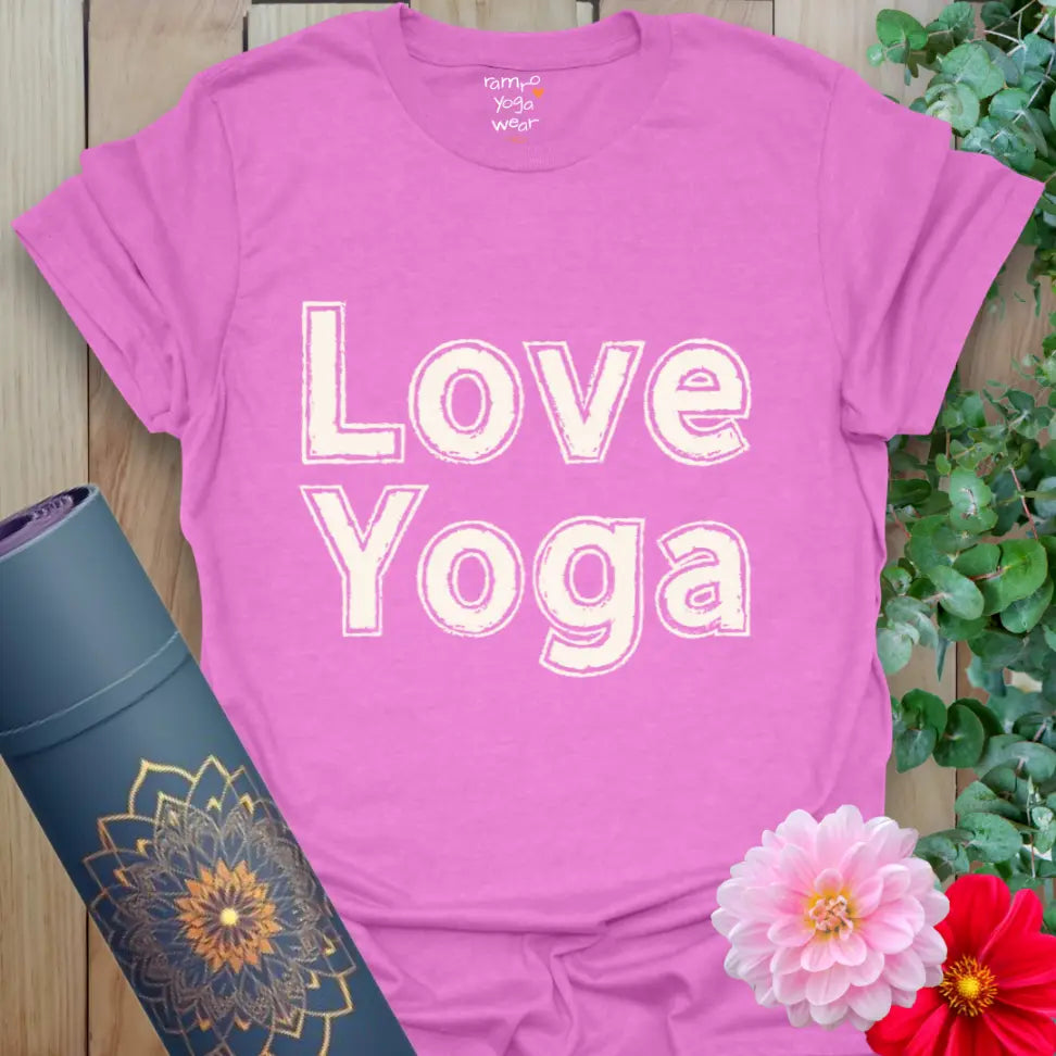 Heather Radiant Orchid Love Yoga T-Shirt featuring large distressed “Love Yoga” print, soft and comfy.