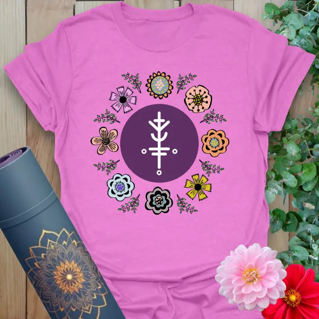 Radiant orchid-colored yoga tee with colorful mandala flower artwork inspiring joy, luck, and mindful movement.
