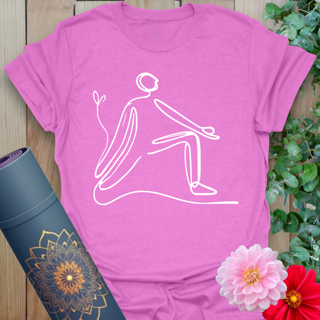 Radiant orchid-colored yoga tee with graceful minimalist yogi lunge design inspiring grounded, mindful movement.