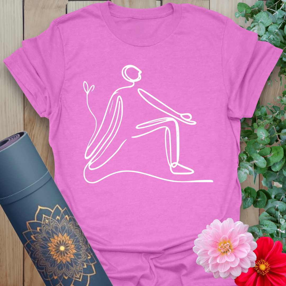 Radiant orchid-colored yoga tee with graceful minimalist yogi lunge design inspiring grounded, mindful movement.