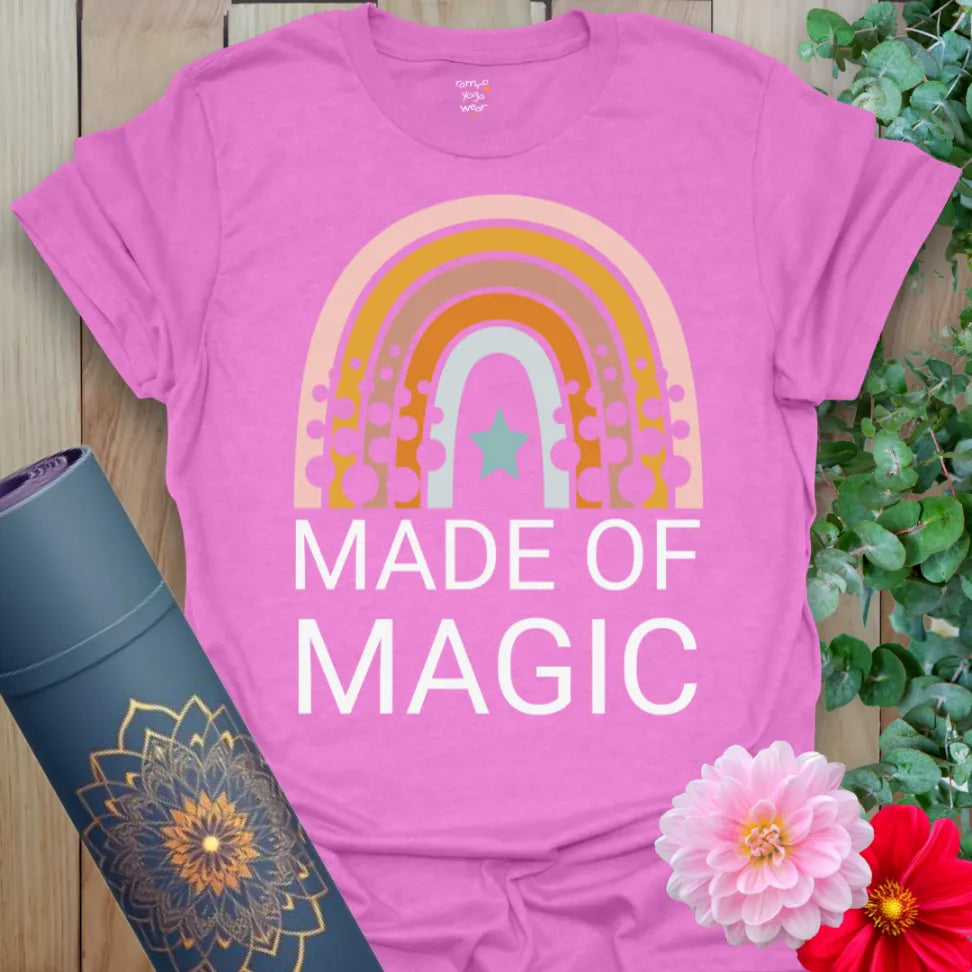 Radiant orchid-colored yoga tee with colorful rainbow and star design inspiring positivity, magic, and mindful growth.