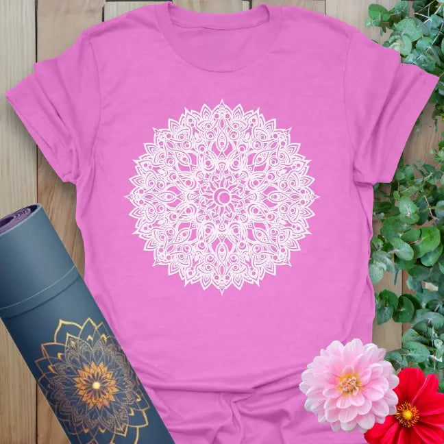 Radiant orchid-colored yoga tee with sacred mandala design representing harmony, growth, and soulful mindfulness.