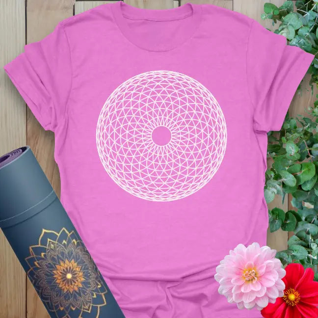 Radiant orchid-colored yoga tee with intricate sacred geometry symbolizing focus, growth, and intentional living.