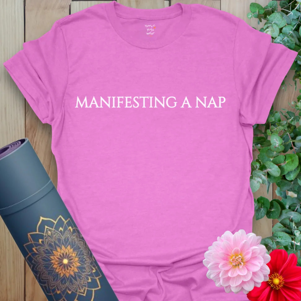 Radiant orchid yoga t-shirt with humorous spiritual slogan, perfect for mindful lounging and cozy energy.