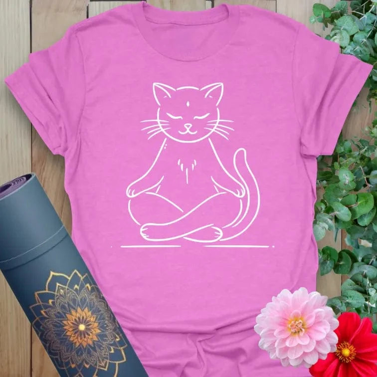 Radiant orchid-colored yoga tee with peaceful meditating cat illustration celebrating conscious, playful relaxation.