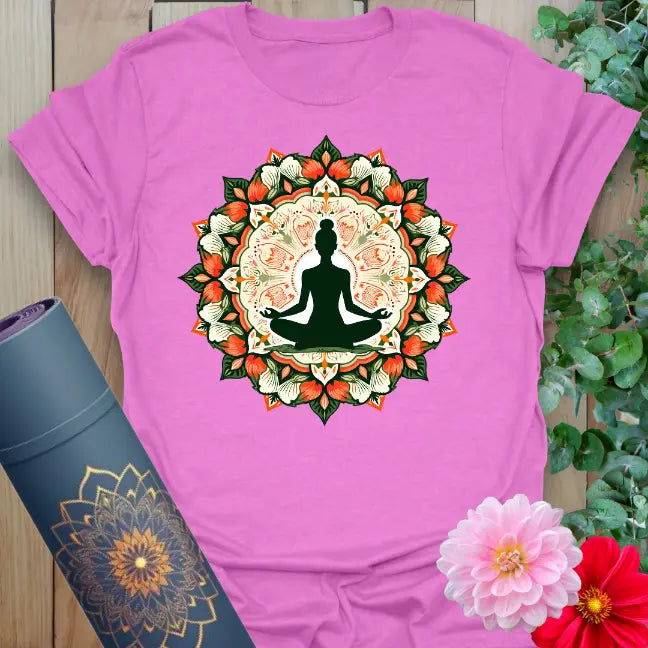 Radiant orchid-colored yoga tee with sacred mandala and meditative figure design celebrating mindfulness and conscious harmony.