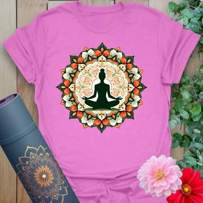 Radiant orchid-colored yoga tee with sacred mandala and meditative figure design celebrating mindfulness and conscious harmony.