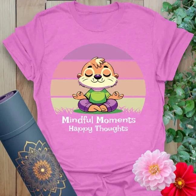 Radiant orchid-colored yoga tee with colorful meditating animal and happy affirmation for mindful, joyful living.