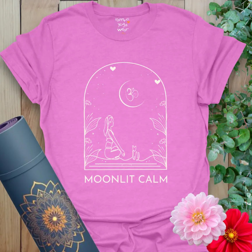 Heather Radiant Orchid Moonlit T-Shirt with meditative scene — a moonlit moment of quiet joy.
