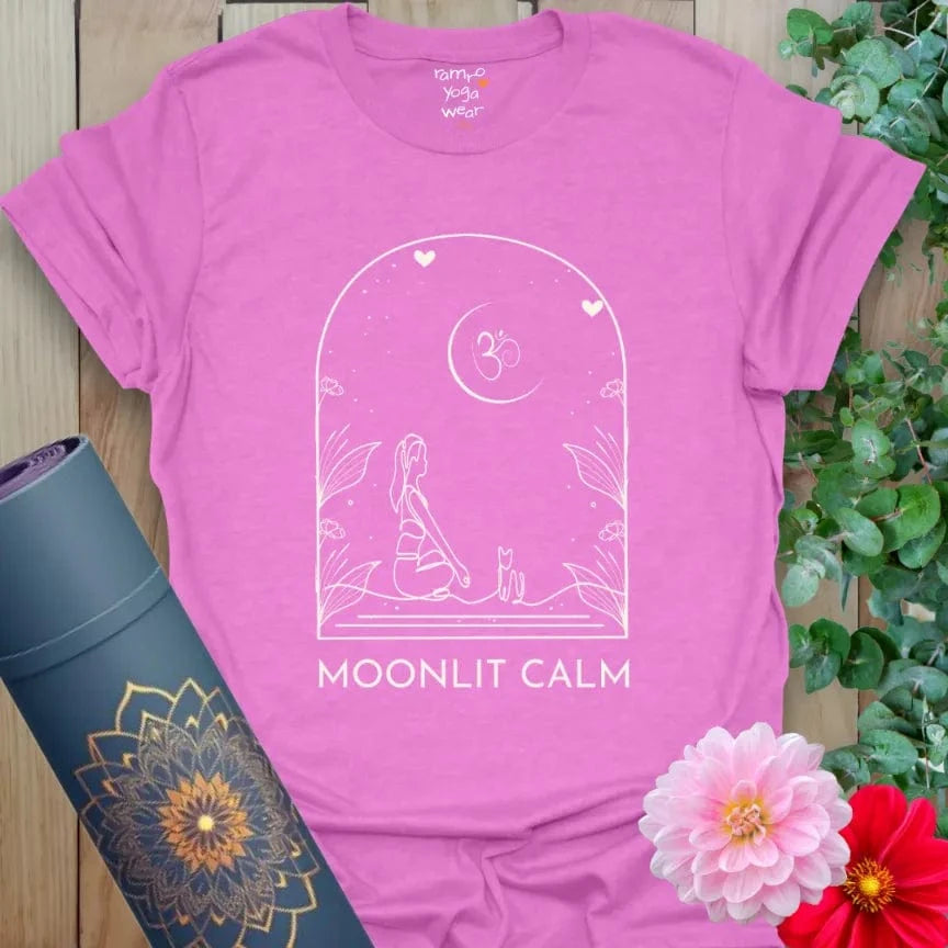 Heather Radiant Orchid Moonlit T-Shirt with meditative scene — a moonlit moment of quiet joy.