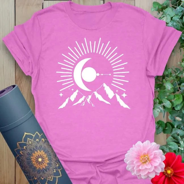 Radiant orchid-colored yoga tee with celestial mountain and moonrise artwork celebrating new beginnings, freedom, and conscious living.