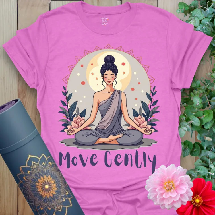 Radiant orchid-colored yoga tee with yogini artwork and "Move Gently" message celebrating graceful, mindful living.