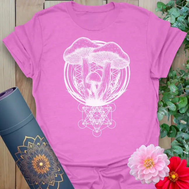 Radiant orchid-colored yoga tee with mystical mushrooms and sacred earth geometry celebrating grounded mindfulness and wild beauty.