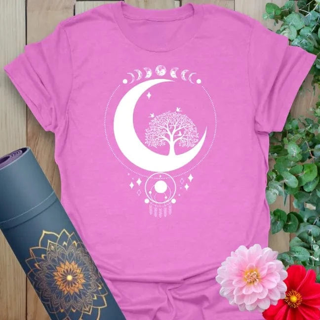 Radiant orchid-colored yoga tee with cosmic moon and tree artwork celebrating conscious living and mindful journeying.
