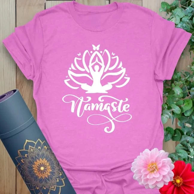 Radiant orchid-colored yoga tee with blooming lotus and Namaste affirmation celebrating heart-centered mindfulness and spiritual flow.