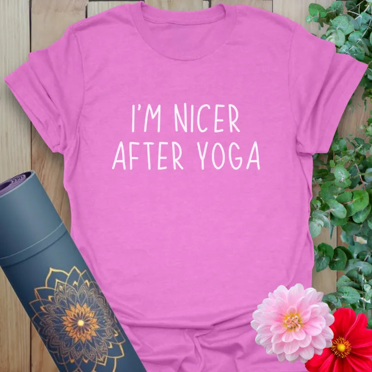 Radiant orchid-colored yoga tee with light-hearted yoga affirmation celebrating peace, presence, and conscious connection.
