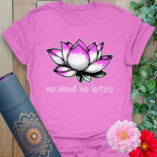 Radiant orchid-colored yoga tee with vibrant lotus and "no mud, no lotus" quote inspiring mindful resilience and soulful beauty.