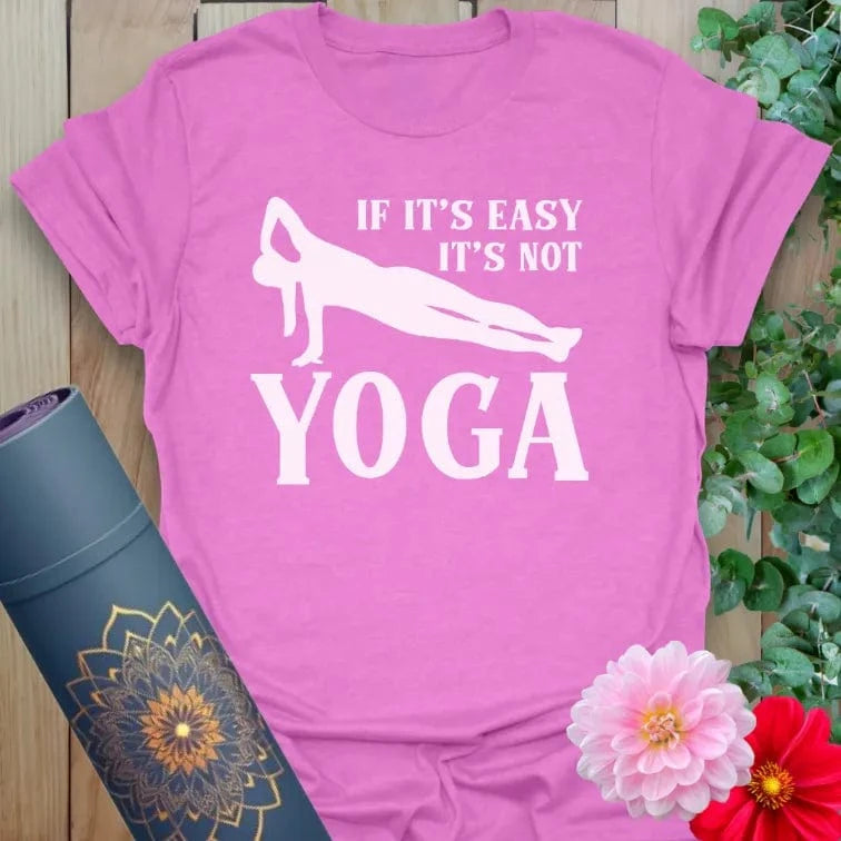 Radiant orchid-colored yoga tee with witty mindful living quote celebrating soulful perseverance and conscious practice.