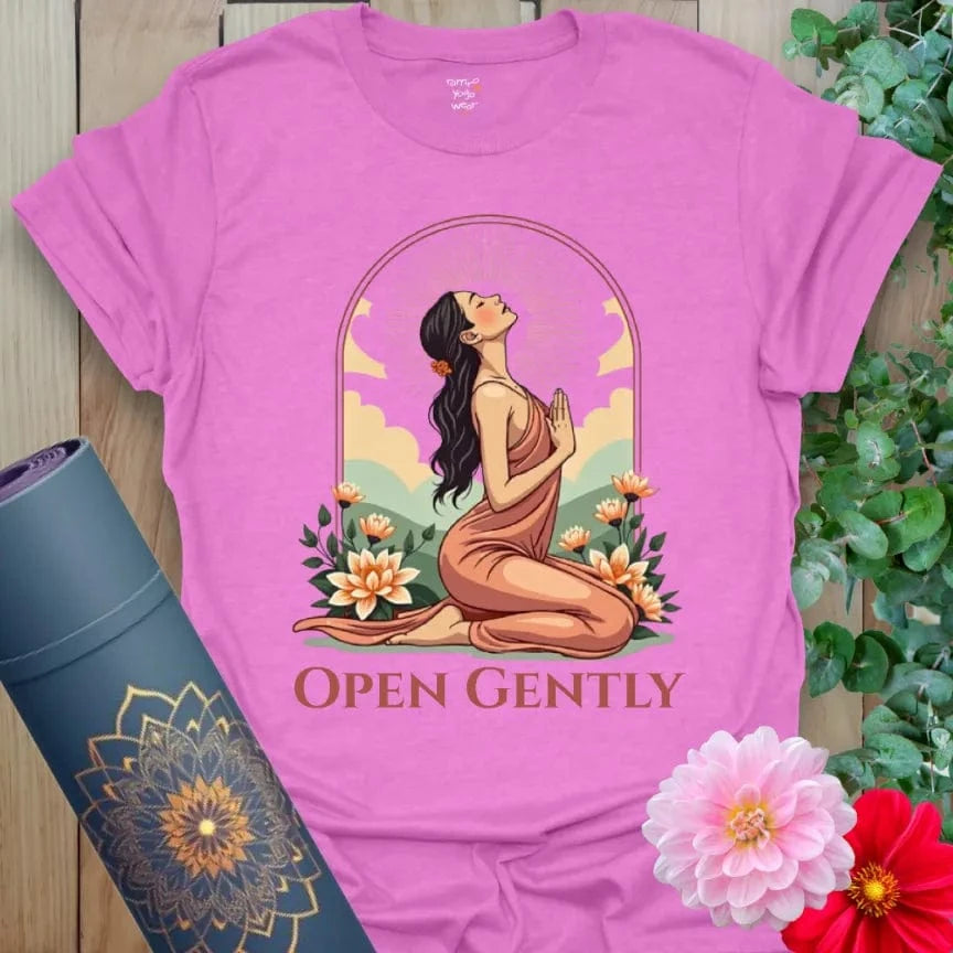 Radiant orchid-colored yoga tee with inspiring heart-opening pose and floral garden design for mindful expansion and joy.