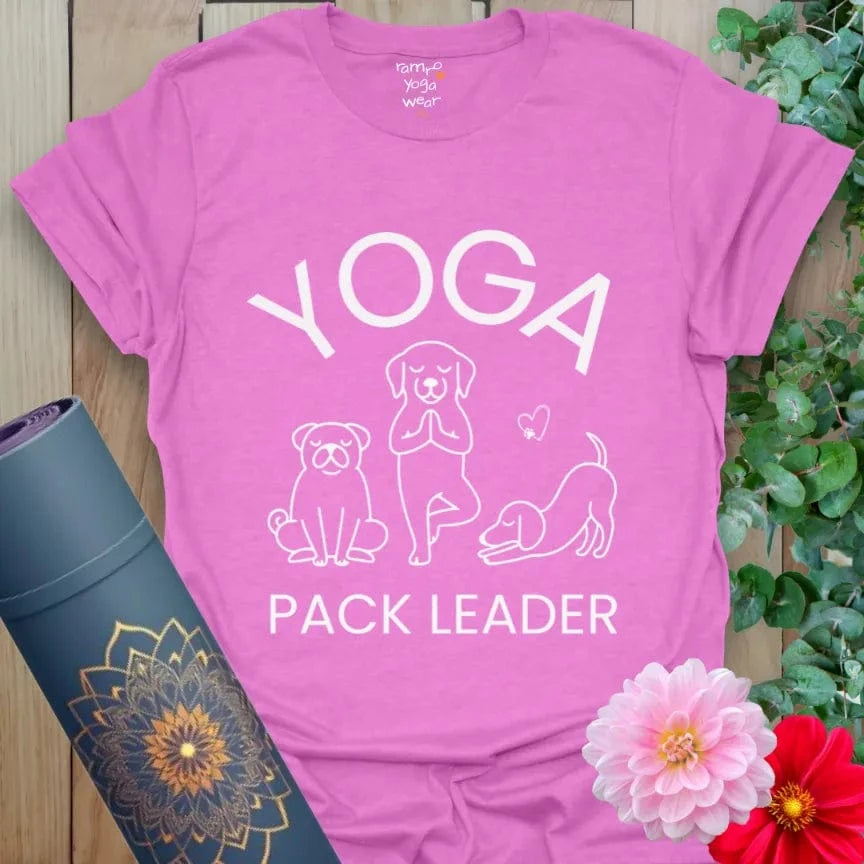 Heather Radiant Orchid Pack Leader T-Shirt featuring dog yoga illustrations. Funny yoga tee for pet lovers.