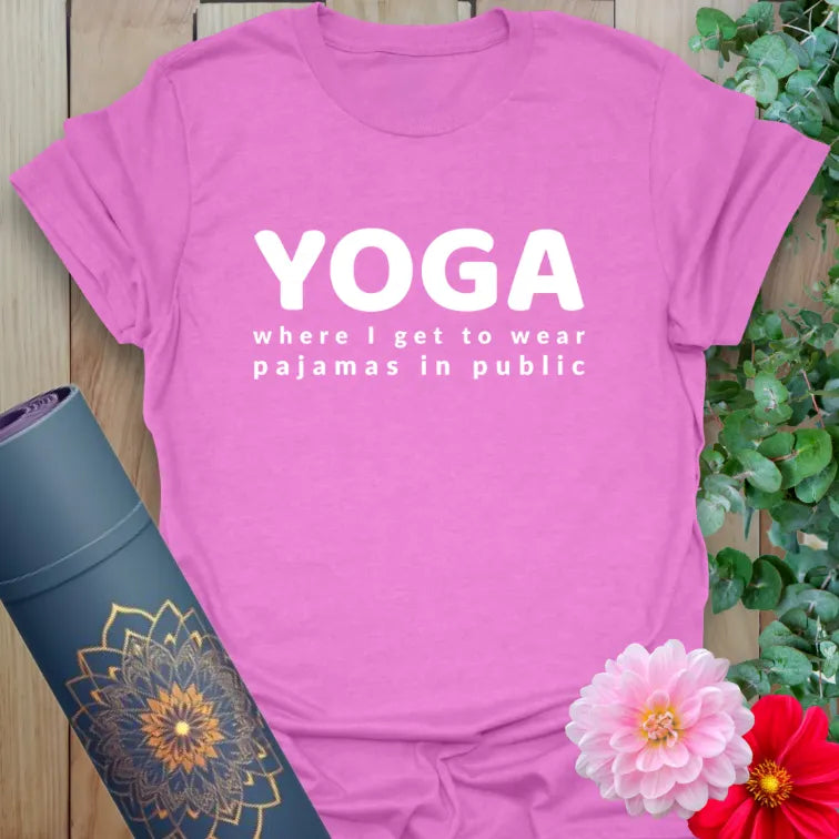 Radiant orchid-colored yoga tee with lighthearted "pajamas in public" design celebrating comfortable, soulful movement.