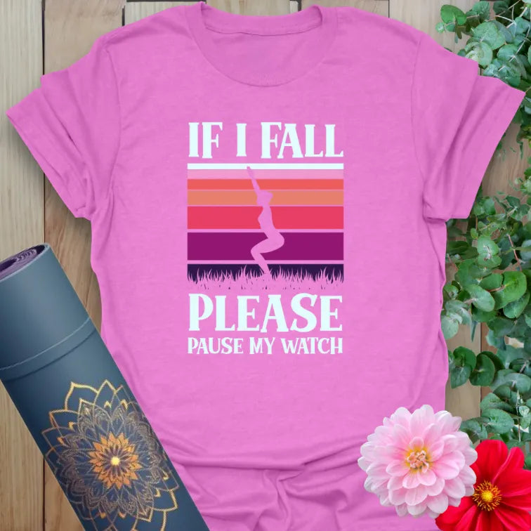 Radiant orchid-colored yoga tee with playful balancing pose artwork and funny mindful movement mantra.