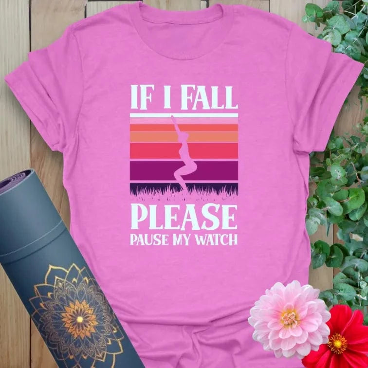 Radiant orchid-colored yoga tee with playful balancing pose artwork and funny mindful movement mantra.
