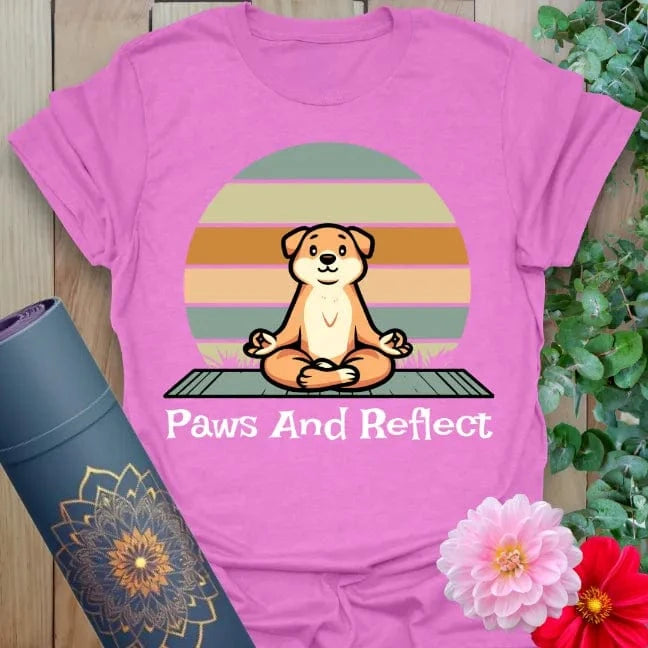 Radiant orchid-colored yoga tee with adorable meditating dog artwork inspiring light-hearted, conscious living.