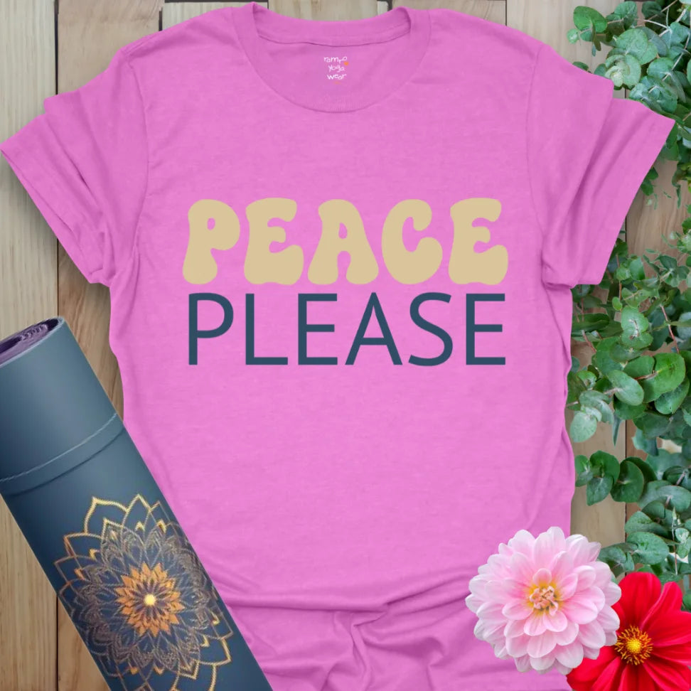 Peace Please T-Shirt in Heather Radiant Orchid with playful retro type. A soulful and stylish yoga gift shirt.