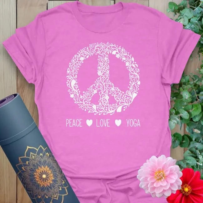 Radiant orchid-colored yoga tee with detailed peace sign artwork and uplifting "Peace Love Yoga" message.