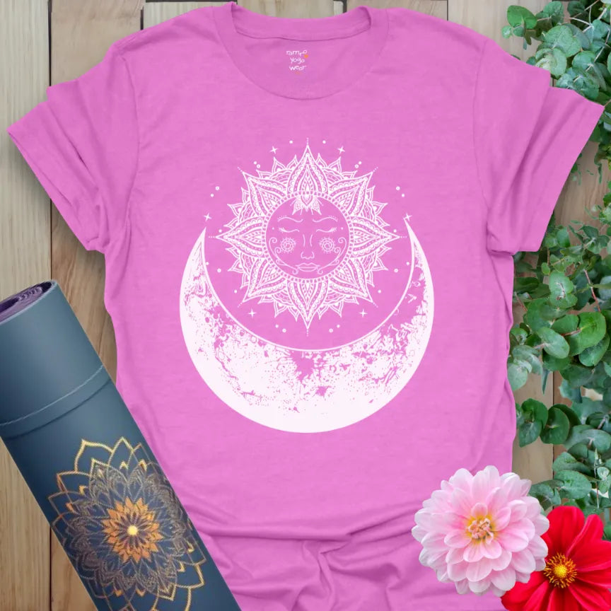 Radiant orchid-colored yoga tee with dreamy sun and crescent moon design celebrating conscious transformation and soulful rhythms.