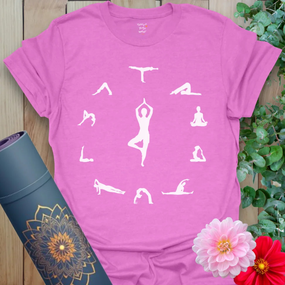 Radiant orchid-colored yoga tee with circular yoga pose design celebrating mindful breath, flow, and centered living.