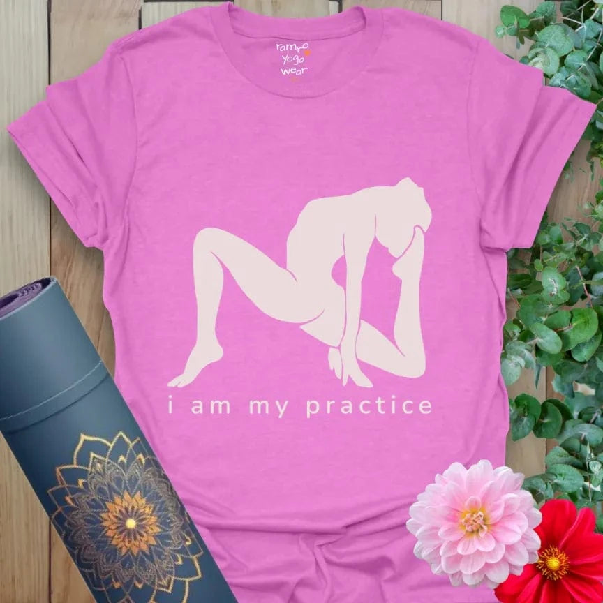Heather Radiant Orchid Practice T-Shirt featuring white yoga silhouette and empowering text. Yoga-inspired casual wear.