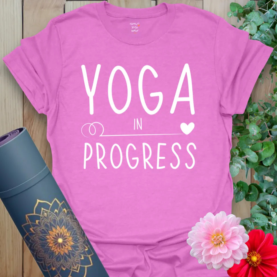 Heather Radiant Orchid Progress T-Shirt with clean typography and motivating vibe. Lightweight yoga wear.