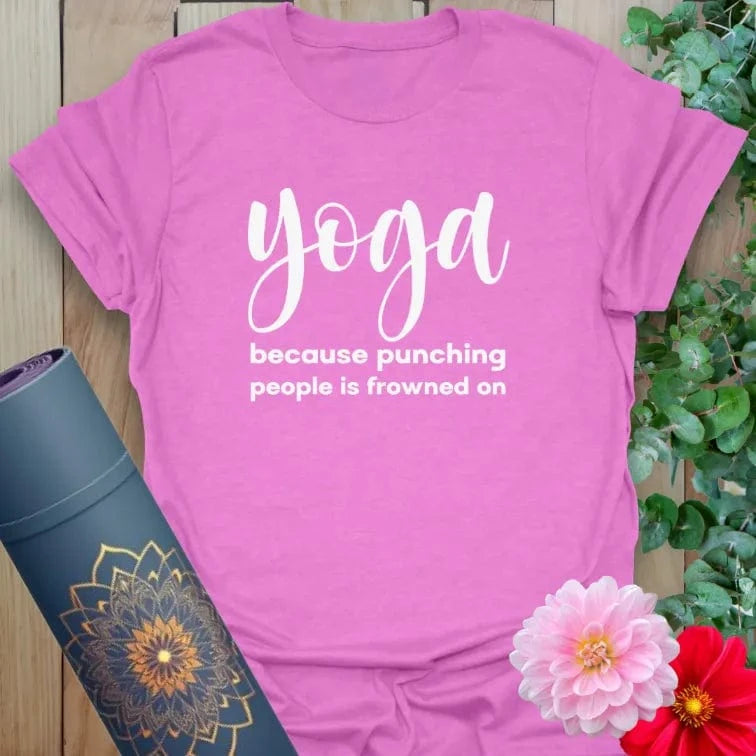 Radiant orchid-colored yoga tee with witty yoga quote celebrating joyful movement and emotional balance.