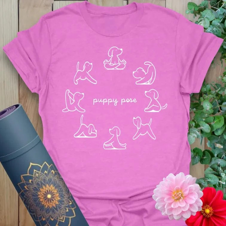 Radiant orchid-colored yoga tee with playful puppy yoga designs celebrating mindfulness, humor, and movement.
