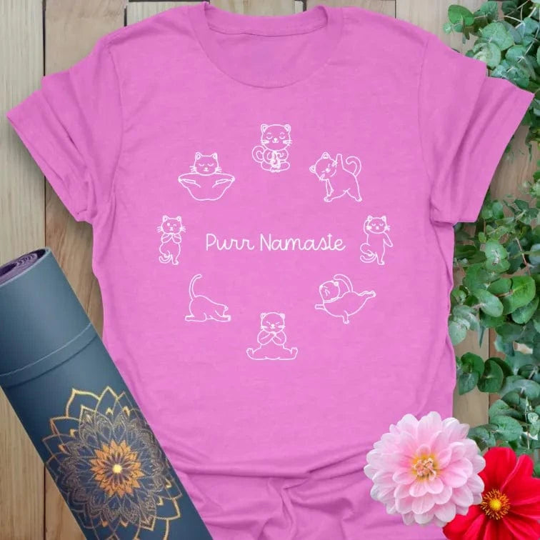 Radiant orchid-colored yoga tee with sweet cat poses and playful "Purr Namaste" message celebrating soulful living.