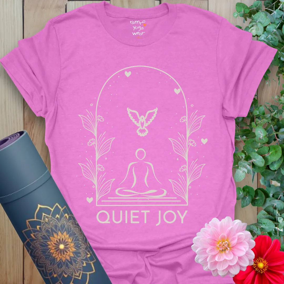 Heather Radiant Orchid Quiet Joy T-Shirt with soft pastel illustration of seated meditation and dove.