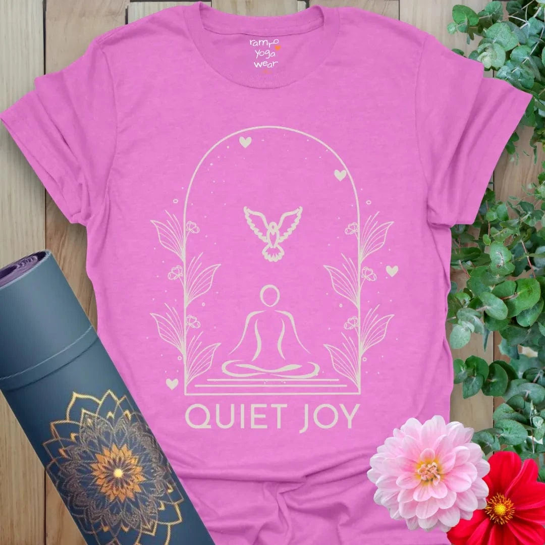 Heather Radiant Orchid Quiet Joy T-Shirt with soft pastel illustration of seated meditation and dove.