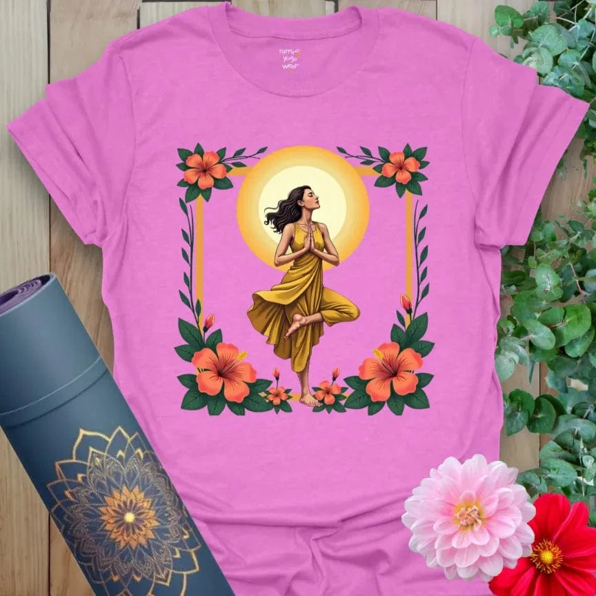 Radiant orchid-colored yoga tee with vibrant yogi artwork celebrating mindful growth and luminous energy.