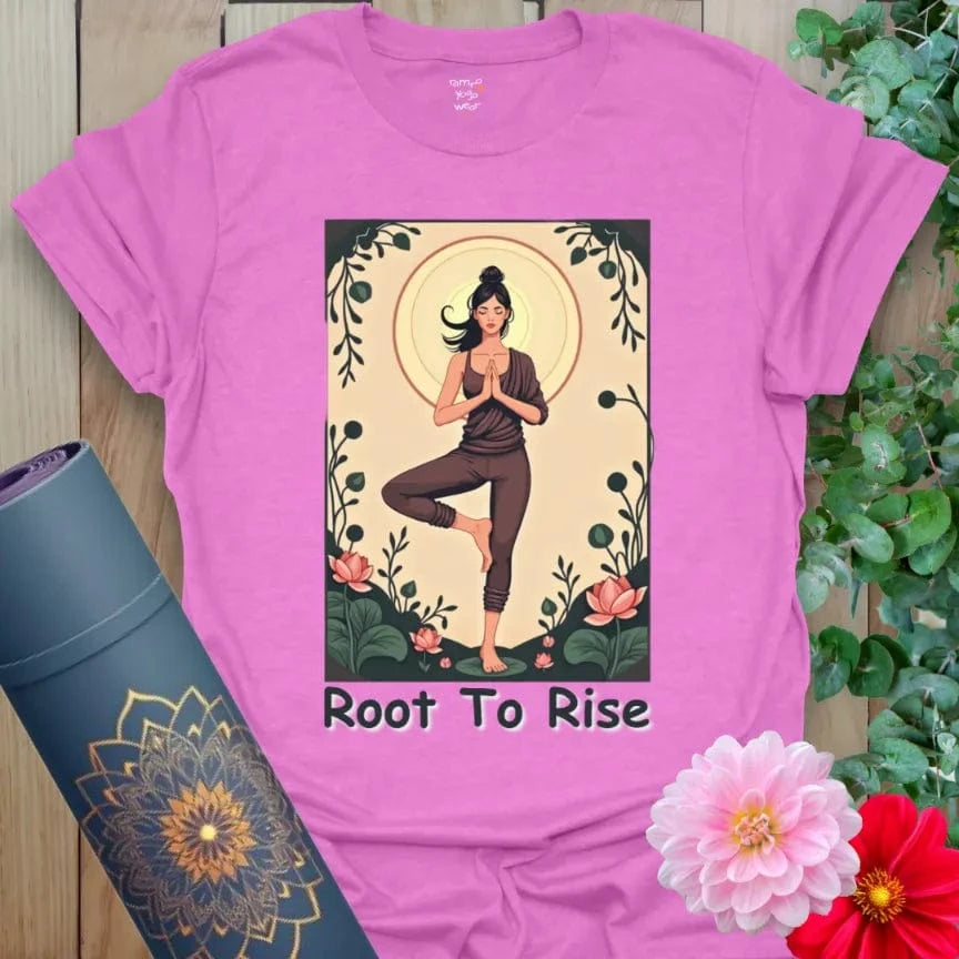 Radiant orchid-colored tee with graceful yoga pose and blooming botanical background, perfect for spiritual practice.