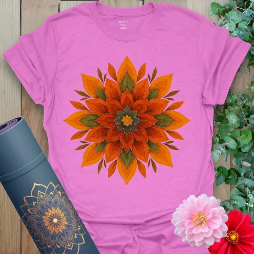 Radiant orchid-colored yoga tee with sacred mandala floral design celebrating soulful balance, transformation, and mindful movement.